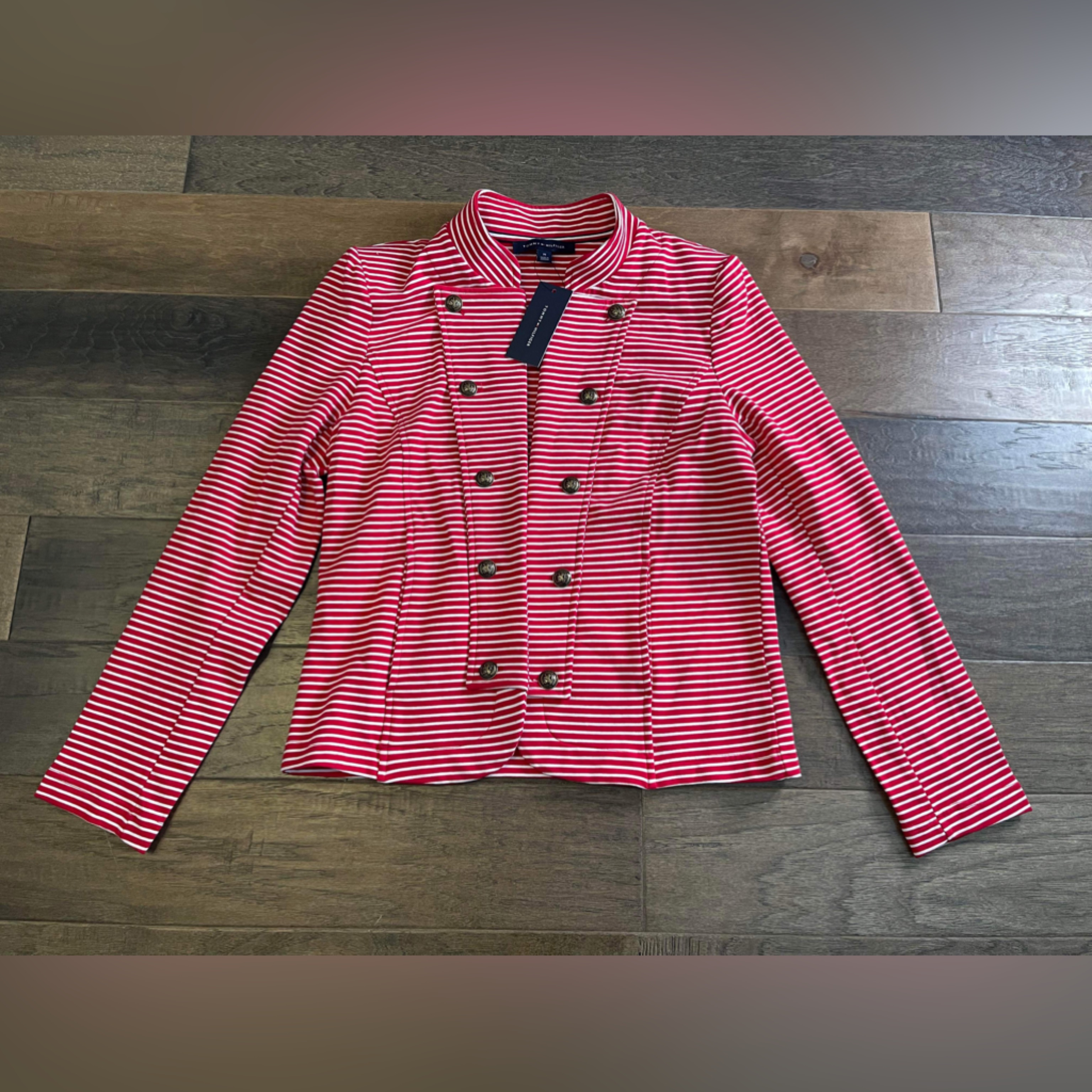 New Tommy Hilfiger Red/White Stripe Military Style Blazer Jacket M